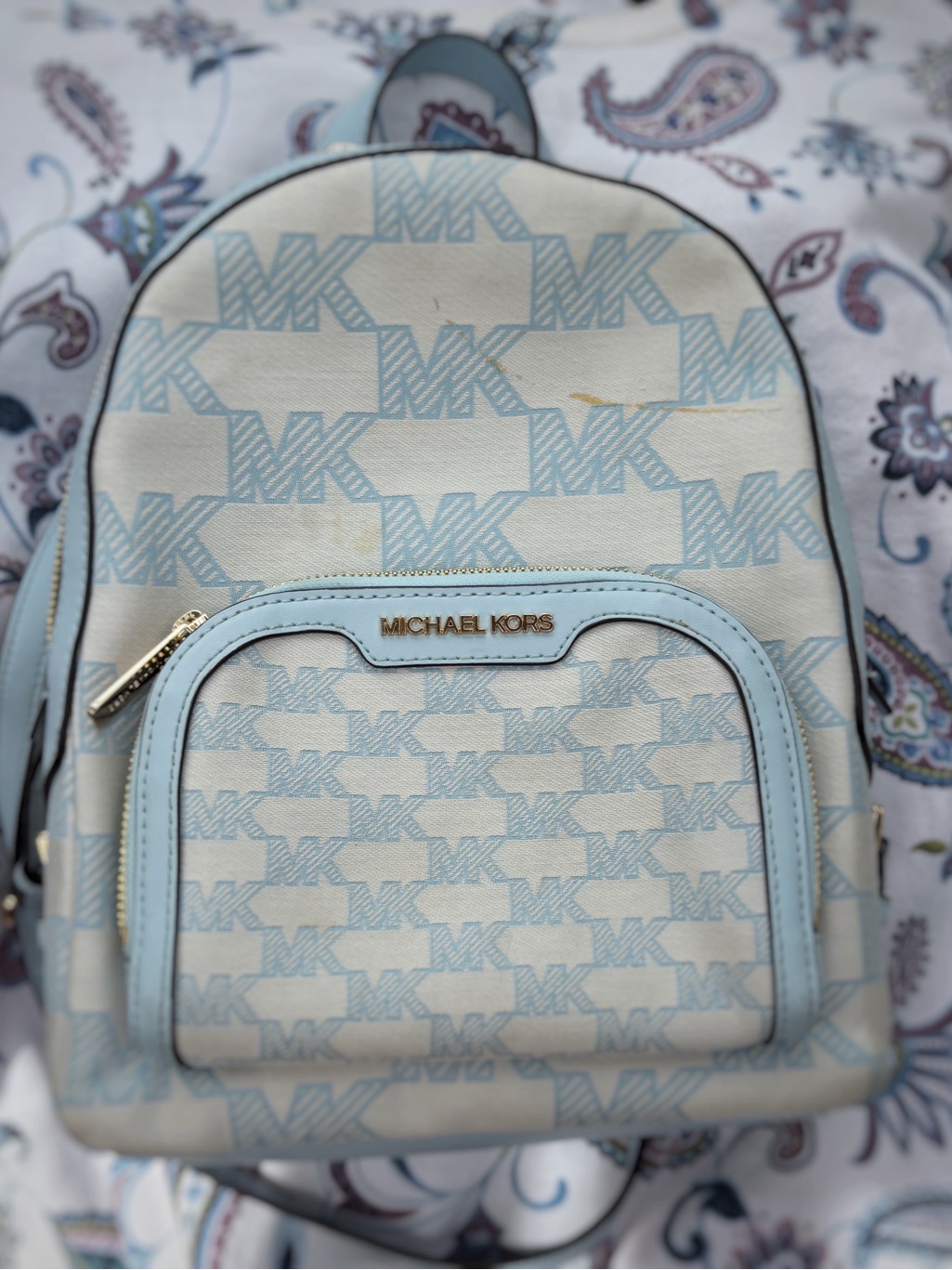 Michael Kors Light Blue And White Logo Mini Backpack With Gold Accent